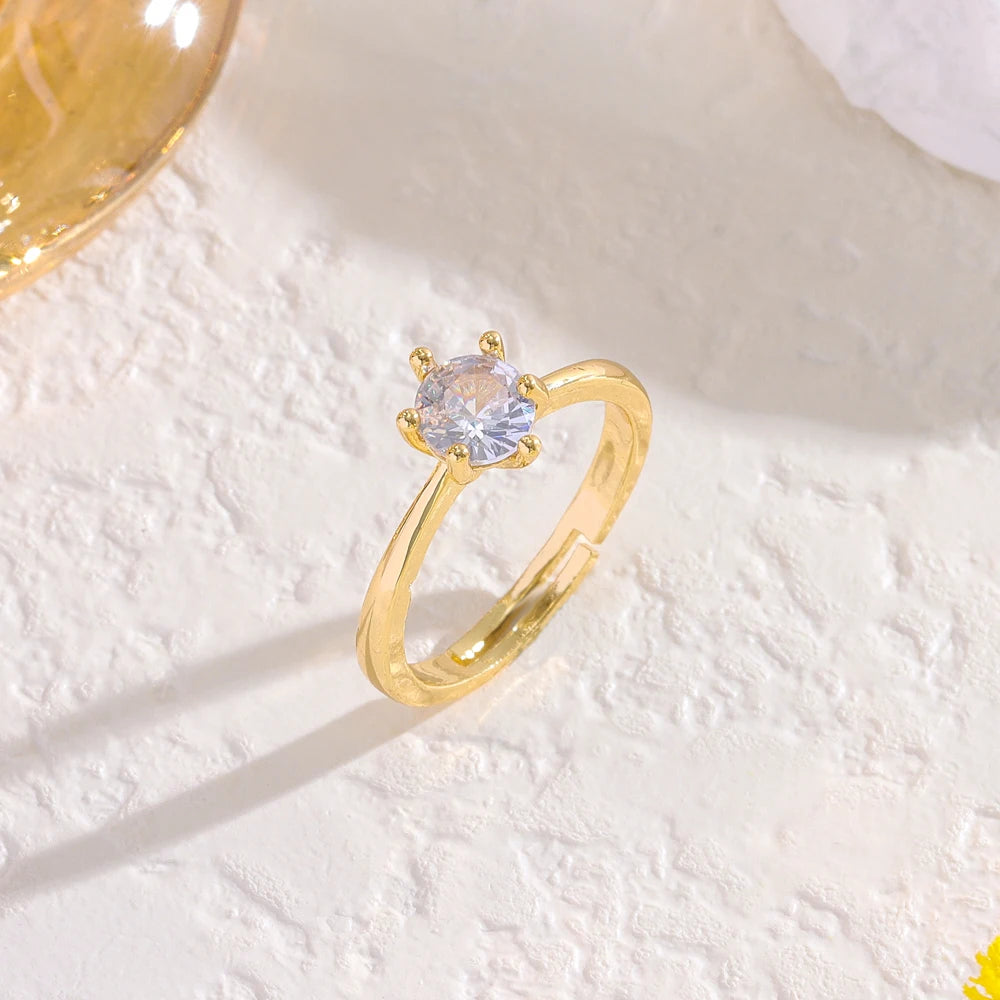 Sweet Sexy One Carat Zircon Crystal Open Rings for Women 18K Gold Plated Adjustable Stainless Steel Finger Ring Jewelry Female