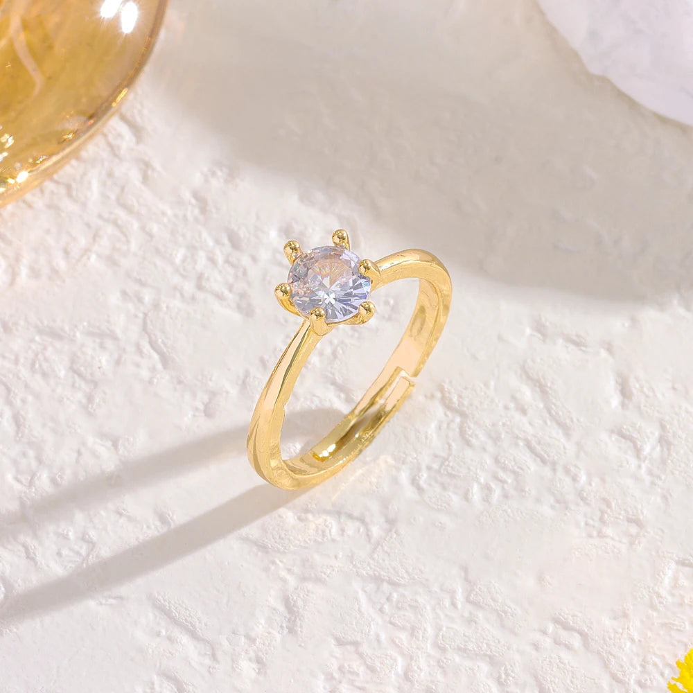 Sweet Sexy One Carat Zircon Crystal Open Rings for Women 18K Gold Plated Adjustable Stainless Steel Finger Ring Jewelry Female