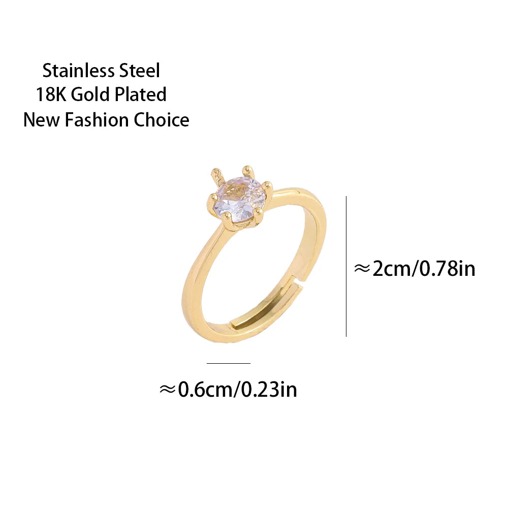 Sweet Sexy One Carat Zircon Crystal Open Rings for Women 18K Gold Plated Adjustable Stainless Steel Finger Ring Jewelry Female