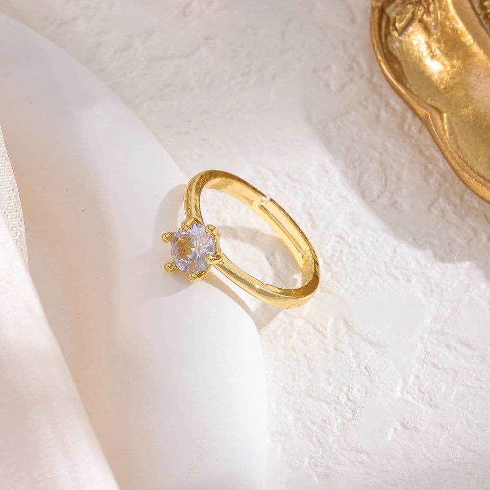 Sweet Sexy One Carat Zircon Crystal Open Rings for Women 18K Gold Plated Adjustable Stainless Steel Finger Ring Jewelry Female